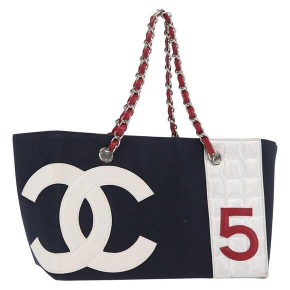 CHANEL Chain Tote Bag No5 Canvas Navy Silver CC Auth 160849